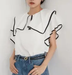 VIS ラッフルフリルバイカラーブラウス