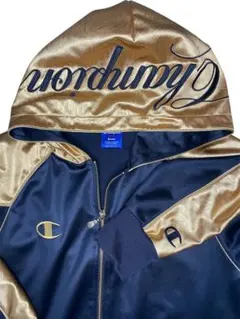 Champion トラックジャケット ゴールド ネイビー 刺繍ロゴ フード 古着