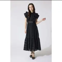 極美品✨　rienda 配色ロゴダブルフリルティアードワンピース ブラック　S