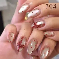 ネイルチップ (№194) クリスマスネイル　赤　リボン　ハート　マグネット