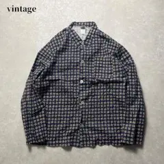 vintageパジャマシャツ長袖ネイビーレトロプリント総柄リラックスウェア古着