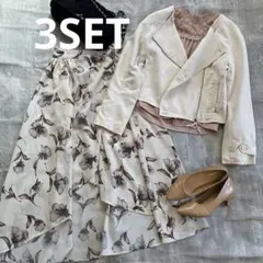 モテコーデ3点セット 花柄スカート×レースブラウス×ライダース デート 女子会