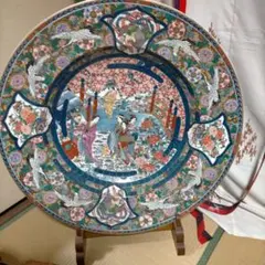 明治 有田焼 晩香窯 庄村健吉 初代晩香 色絵岩牡丹花鳥文 八角大皿