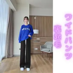ワイドパンツ 裏起毛　韓国　ゆったり　美脚　着痩せ　無地　黒　カジュアル　ゴム