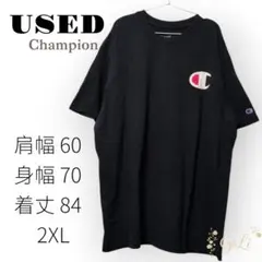 USED Champion ブラック デカロゴTシャツ 2XL