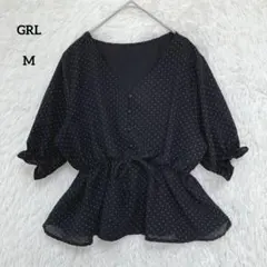 GRL グレイル ドット柄ウエストドロストトップス ブラック M 半袖 ブラウス