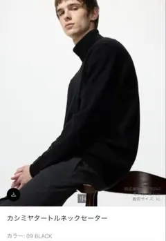 カシミヤタートルネックセーター Lブラック