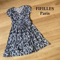 FIFILLES Paris 花柄ワンピース ブルー Vネック 二重袖のサムネイル