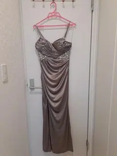 シルバー ビジュー装飾 ドレープマキシドレス