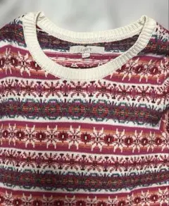 ヴィンテージ　ニット　セーター　総柄　ピンク　XLサイズ