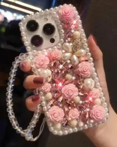 韓国 iPhoneケース ピンク キラキラ デコ 派手 ストーン パール 薔薇