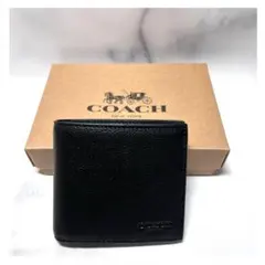 【超美品】コーチ 二つ折り財布 本革 レザー コンパクト 付属品 メンズブラック