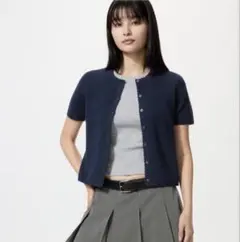 UNIQLO スカラップクルーネックカーディガン 半袖　ネイビー