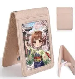 持ち運び❣️トレーディングカード様ホルダー 縦型 合皮革 ピンク 定期入れ
