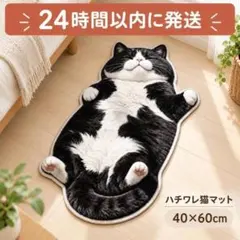 ハチワレ 猫柄 玄関マット 40×60cm 滑り止め付き 白黒猫 ヘソ天