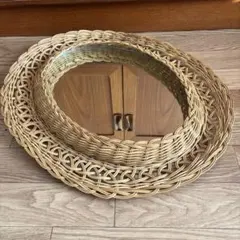 レトロ　ヴィンテージ　楕円形　ラタン　ミラー 昭和