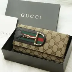 極美品　箱付き　GUCCI グッチ　長財布　レザー×キャンバス　シェリーライン