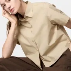 【9/20迄価格】 UNIQLO コットン ショート シャツ 半袖 ベージュ M