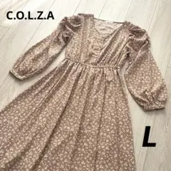 【良品】COLZA 花柄ブラウン パフスリーブ ロングワンピース Lサイズのサムネイル