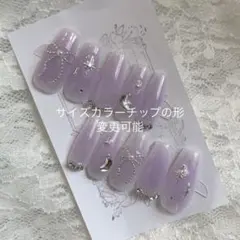 【ネイルチップオーダー】チークカラー変更可リボンワンホン韓国バレリーナ紫パープル