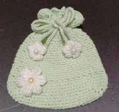 ハンドメイド☆編み物☆巾着 ポーチポーチキラキラ グリーン☆お花☆パール