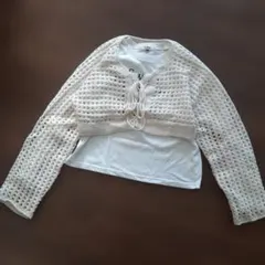 編み上げニットメッシュカーディガンと長袖TシャツセットPINK-LATTE