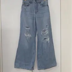 GU ダメージ加工 ワイドレッグ デニムパンツ ライトブルー ワイドフレ　s