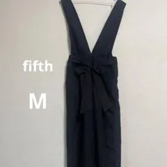 ウエストリボン　Vネック コンビネゾン サロペット ワイドパンツ ブラックのサムネイル