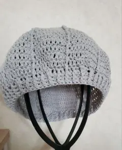 ベレー帽 リサイクルコットンライトグレー かぎ針手編み ハンドメイド