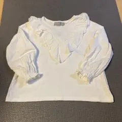 フリル付き Vネック 長袖シャツ ホワイト