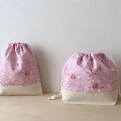 リボン 花 お弁当袋 給食袋 巾着袋セット ピンク