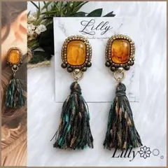 #660大ぶり/ビーズ刺繍/タッセル/アンティーク/ハンドメイドピアスイヤリング