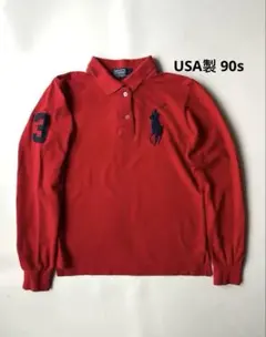 USA製 90sポロ ラルフローレン 長袖ポロシャツ 赤 コットン メンズS
