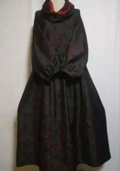 ★大島紬着物リメイク／ドルマン袖ワンピース、スヌード付き★サイズLL