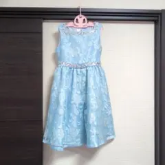 水色 花柄刺繍 ノースリーブワンピース