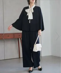 【3点セット】防しわ!洗える!ジャケットセットアップ& とろみボウタイブラウス