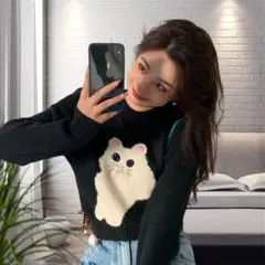 ニット ショート丈 猫 かわいい 韓国 トップス ブラック おしゃれ セーター
