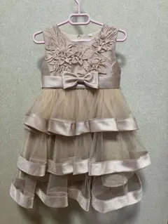 キッズ　ドレス　フォーマル　パール　花　リボン　チュール　ピンクベージュ　110