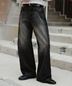 WYM VINTAGE WASHED CURVED DENIM ブラック系2
