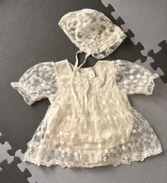 アイボリー フラワー刺繍 ベビードレス 退院着　帽子付き　3-6month