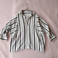Lowrys Farm ローリーズファーム　ストライプ 五分袖シャツ M