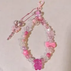 ピンクビーズストラップビーズキーホルダースマホストラップ魔法少女ハート