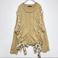 ムルーア　ケーブル編みニット リボン付きセーター　スカーフベルト　ベージュ