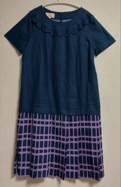 LAURA ASHLEY 半袖ひざ丈ワンピース　麻　プリーツ　サイズ2