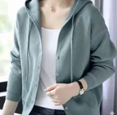 フード付き ニットカーディガン ゆったり 羽織り 春秋 グリーン フリーサイズ