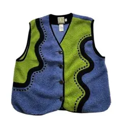 80s 90s USA製 フリースベスト 青 黄緑 黒 レディース 総柄 波