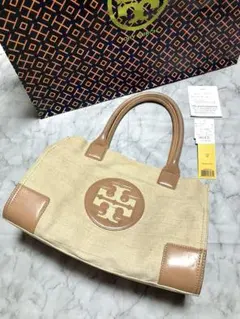 トリーバーチ トートバッグ キャンバス レザー ベージュ ビッグロゴ