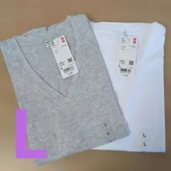 483460 UNIQLO スラブジャージーVネックT 2色 L　白　グレー