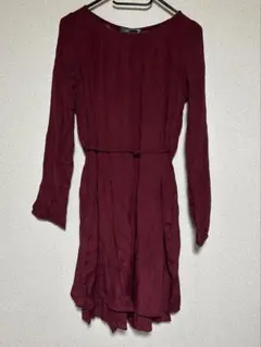 あ*ね様 バーガンディ色 長袖ワンピース ウエストリボン付き