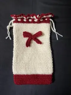 ペンライトケース　編み物　ハンドメイド　リボン　ニット　巾着